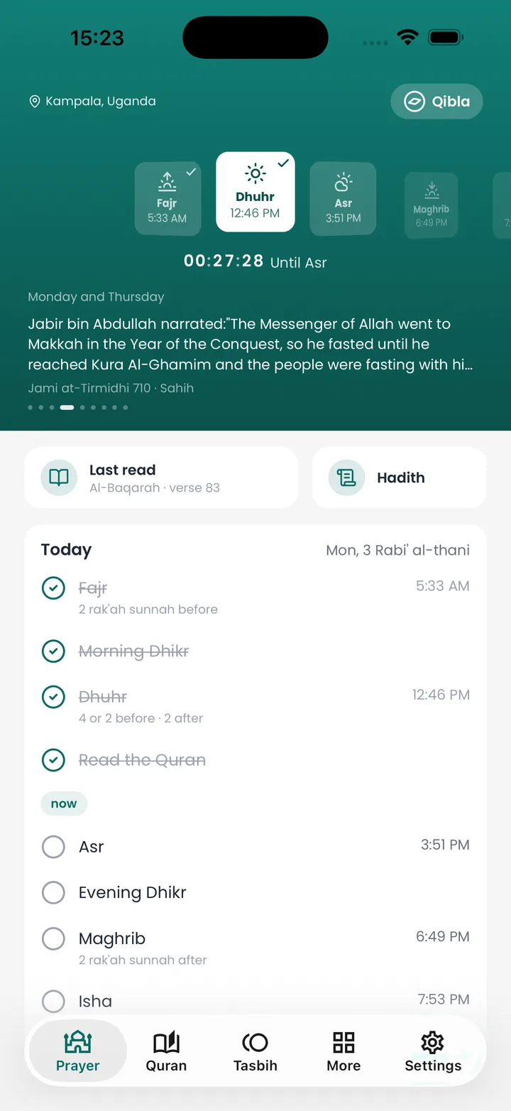 The Dawām home screen: five prayer cards on a curve with Dhuhr at the centre, a countdown to Asr, the hadith of the day, and today’s plan in prayer order.